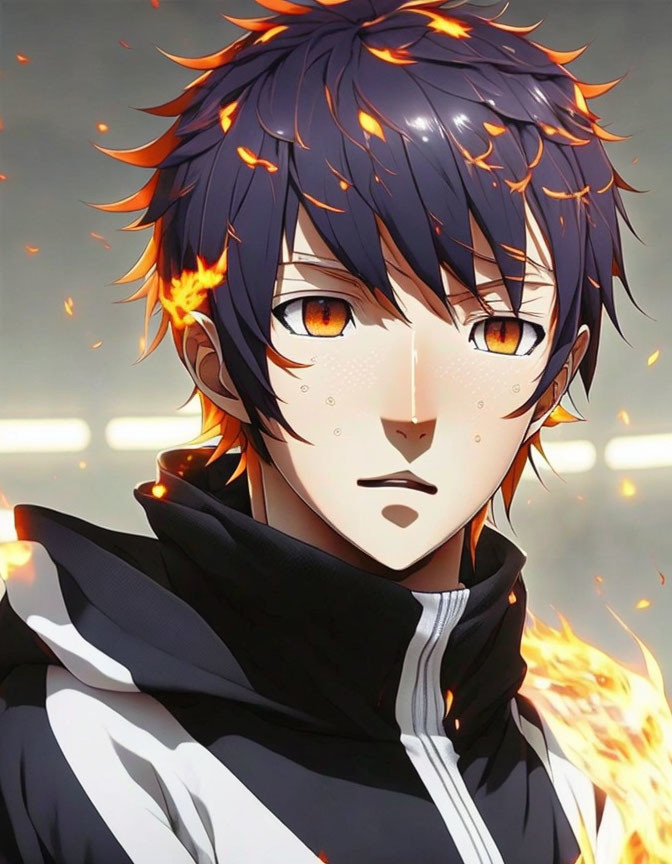 Anime character with orange eyes and purple hair in black jacket against flames