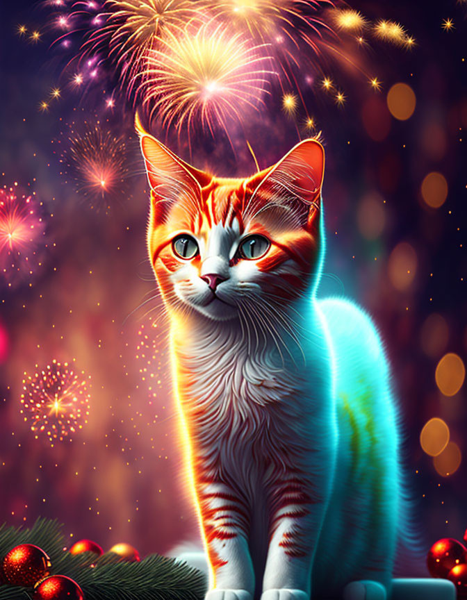 Colorful illustration of orange and white cat with blue hues against fireworks backdrop