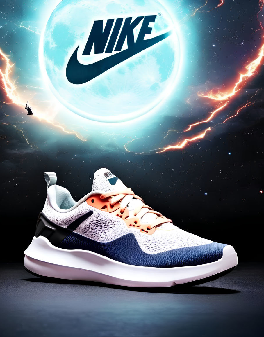 Nike sneaker showcased in cosmic setting with glowing logo and dynamic lights.