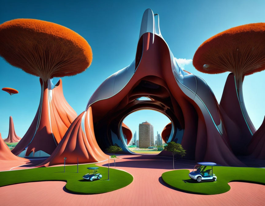 Futuristic organic architecture with stylized trees and golf carts under blue sky