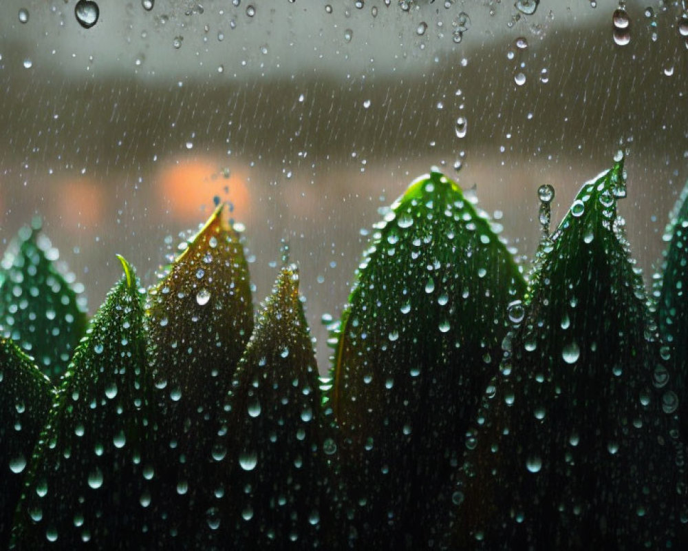 Raindrops on vibrant green leaves against blurred background with warm lights.