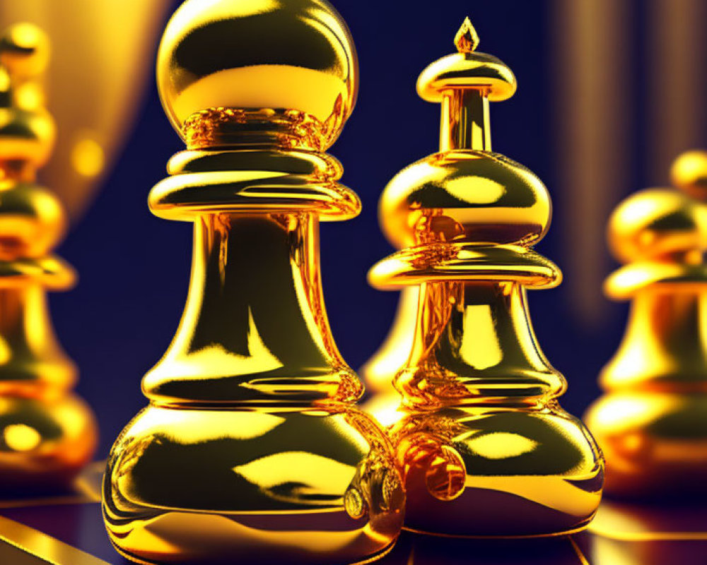 Luxurious Golden King and Queen Chess Pieces on Blue and Black Chessboard