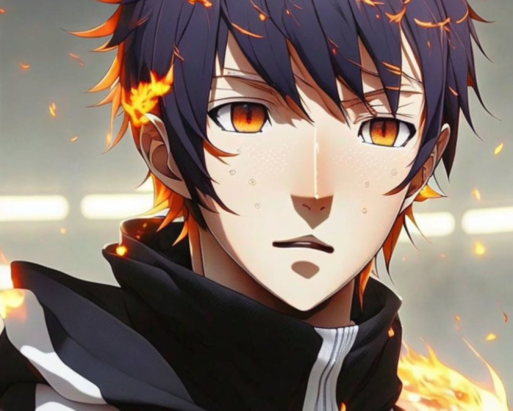 Anime character with orange eyes and purple hair in black jacket against flames