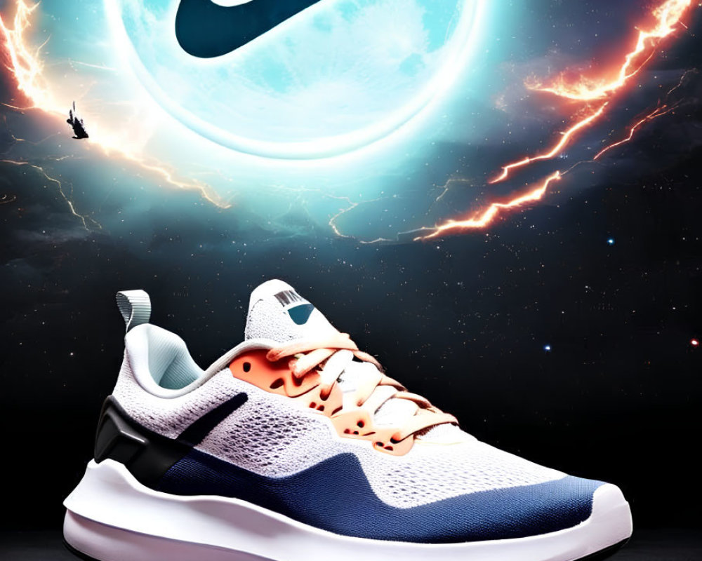 Nike sneaker showcased in cosmic setting with glowing logo and dynamic lights.