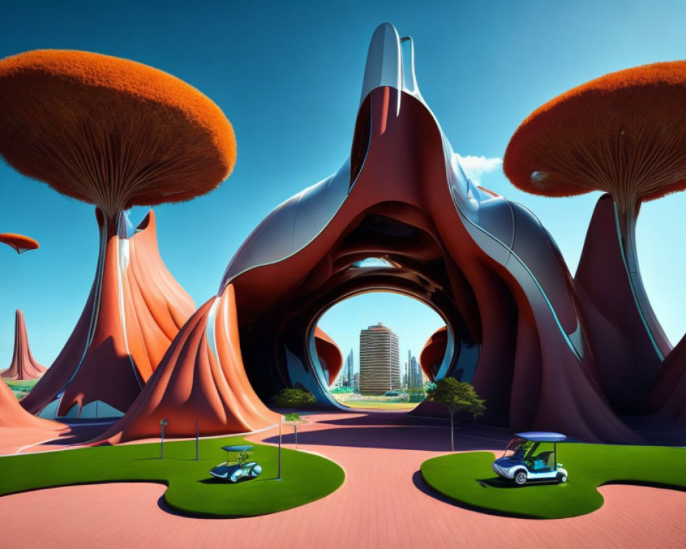 Futuristic organic architecture with stylized trees and golf carts under blue sky