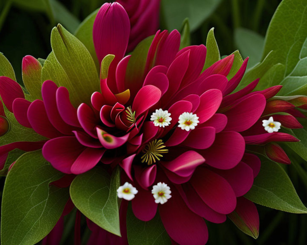 Vivid Red Dahlia with Intricate Petals and White Flowers