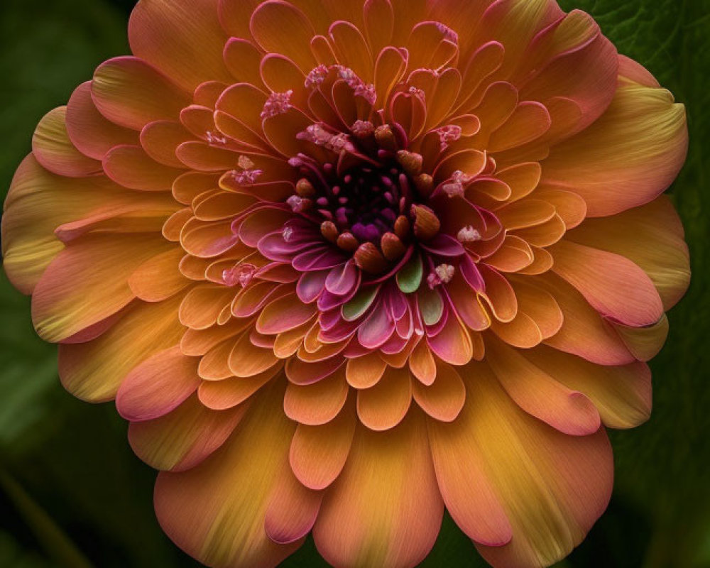 Colorful Dahlia Flower with Gradient Petals on Dark Green Background