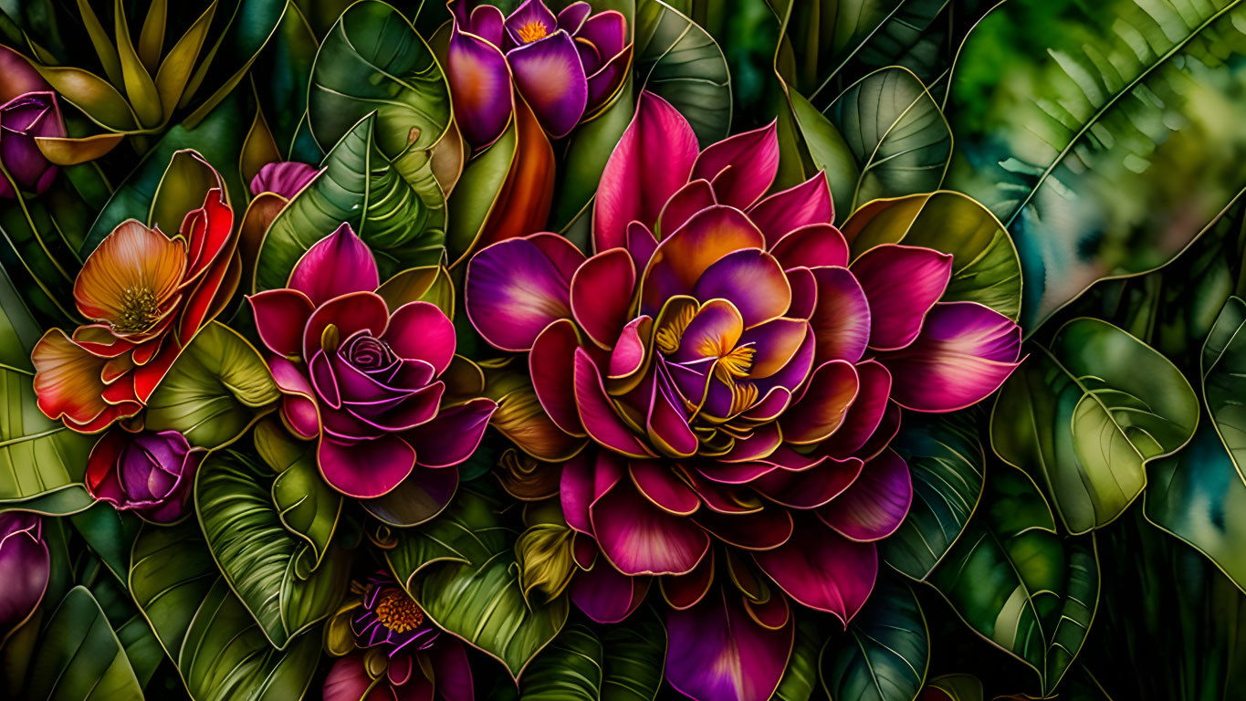 Colorful digital flower art: pink and purple petals on dark backdrop