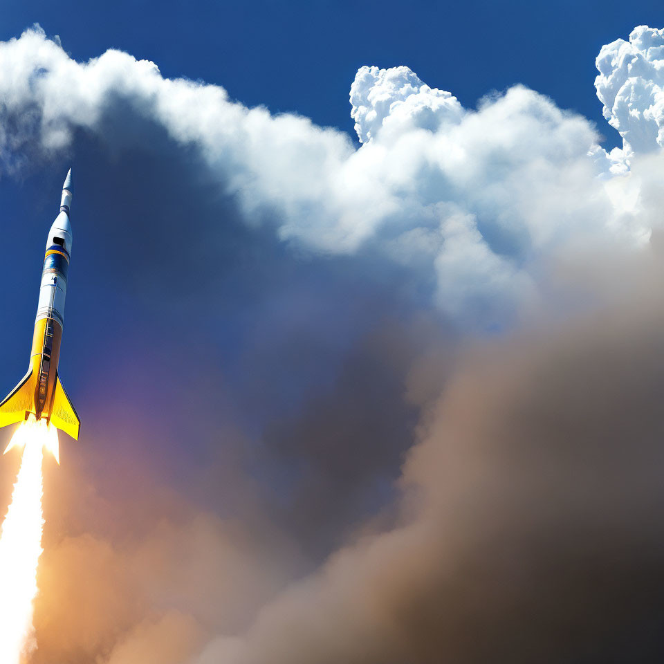 Rocket launching into clear blue sky with dense white smoke trail.