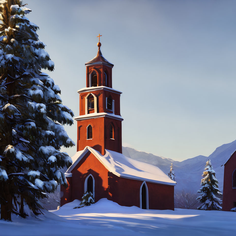 Snow-covered red church with bell tower in serene winter landscape