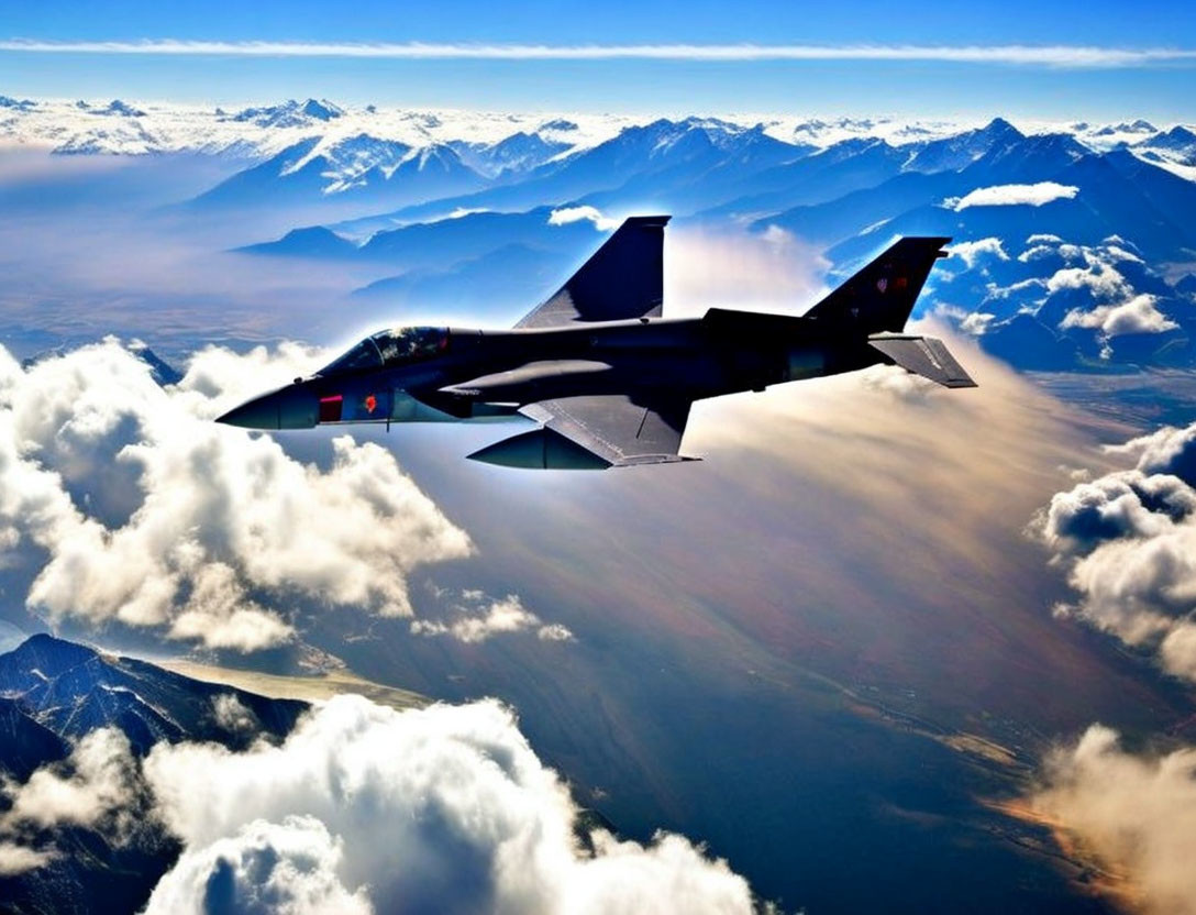 Military fighter jet soaring over mountain landscape with sunlit clouds.