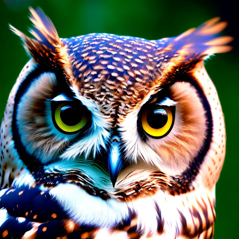 Detailed close-up of owl with striking yellow eyes and sharp gaze against green background