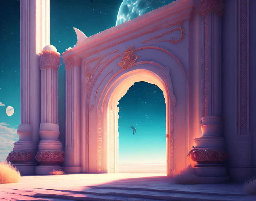 Ethereal scene with ornate pillars, moon, figure, and star