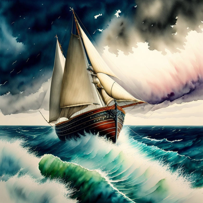 Sailing ship on tumultuous seas with stormy sky