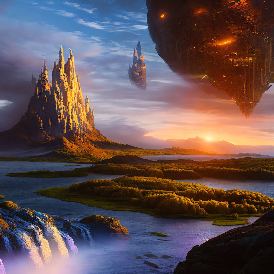 Majestic landscape with spire, waterfalls, sunrise, and floating structure