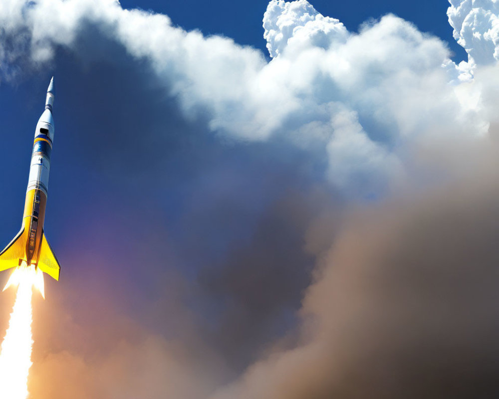 Rocket launching into clear blue sky with dense white smoke trail.