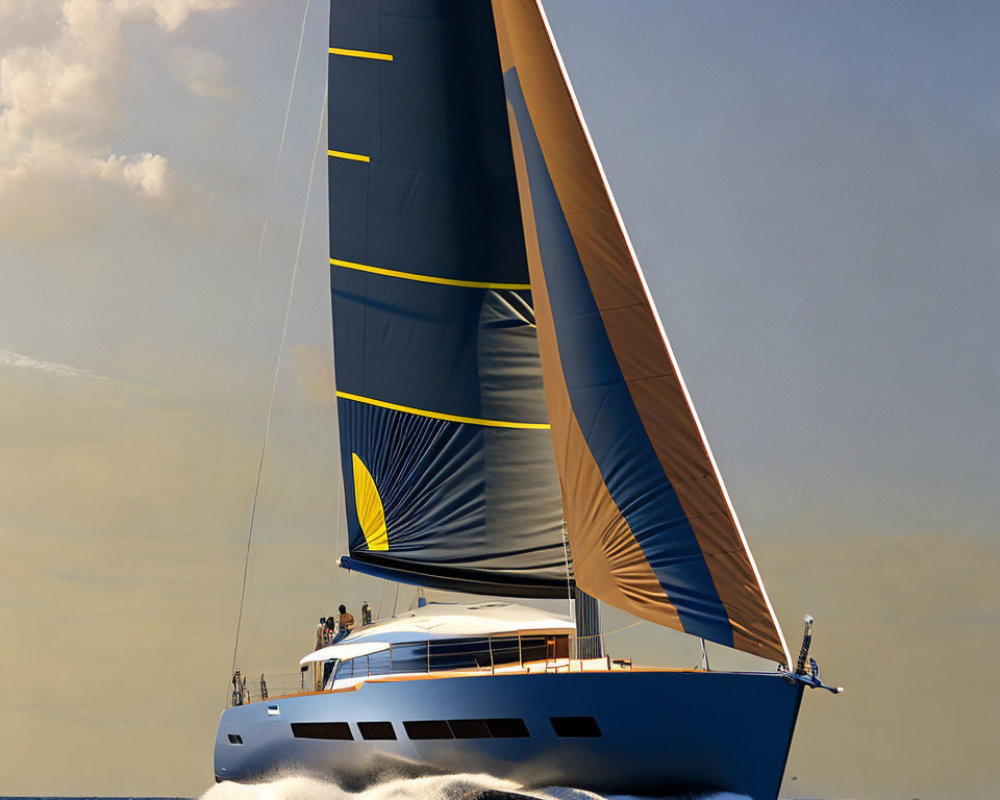 Luxury yacht with large sail cruising on sunny day with passengers onboard.