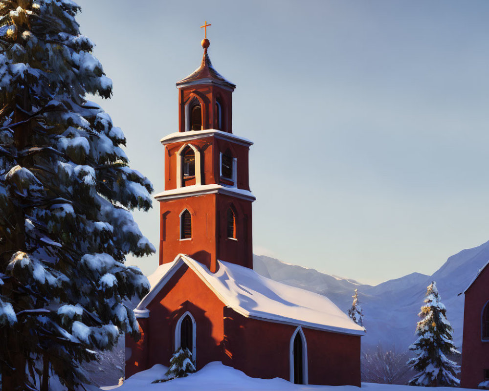 Snow-covered red church with bell tower in serene winter landscape