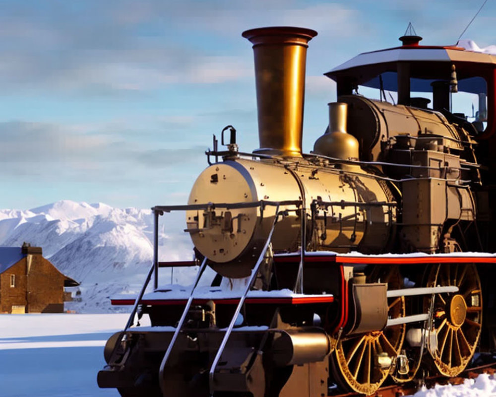 Vintage Steam Locomotive on Snowy Tracks with Mountain Background