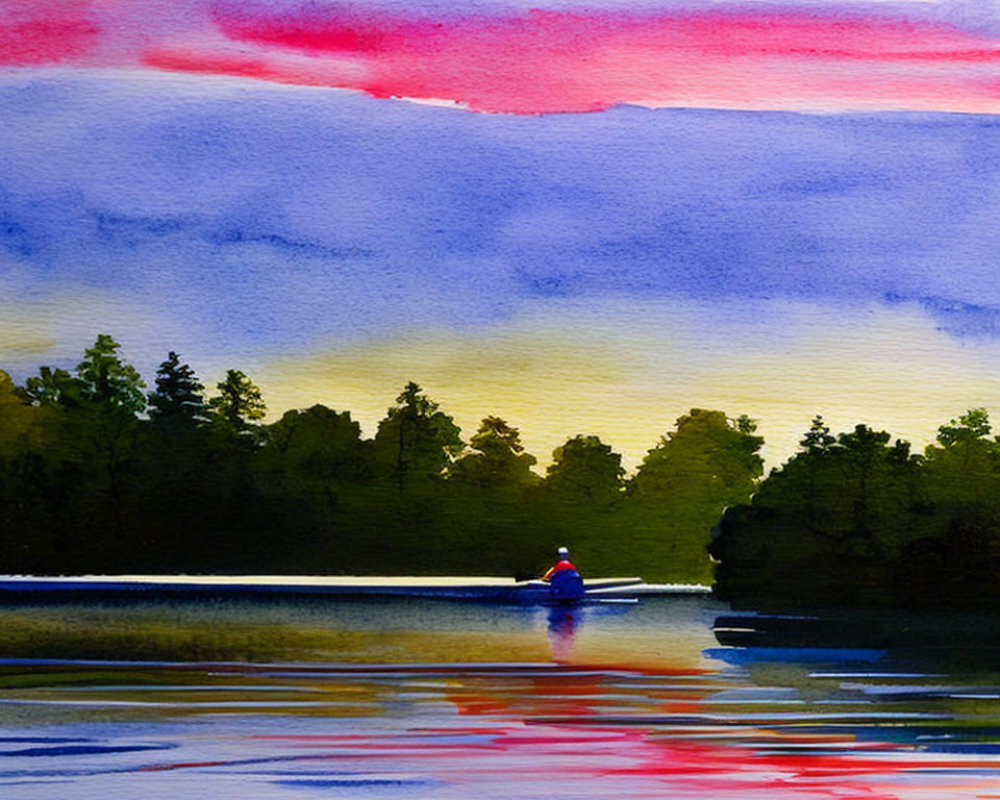 Serene lake sunset watercolor with vibrant skies and solitary figure