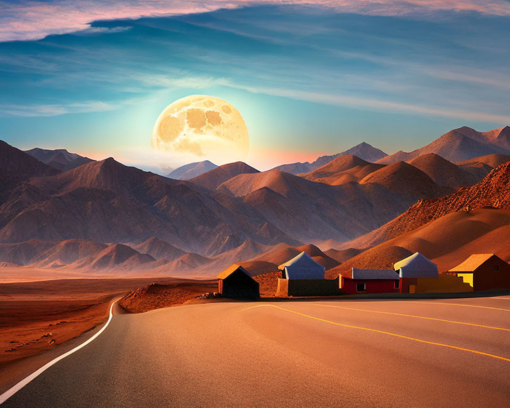 Scenic winding road with small buildings, mountains, and full moon at twilight