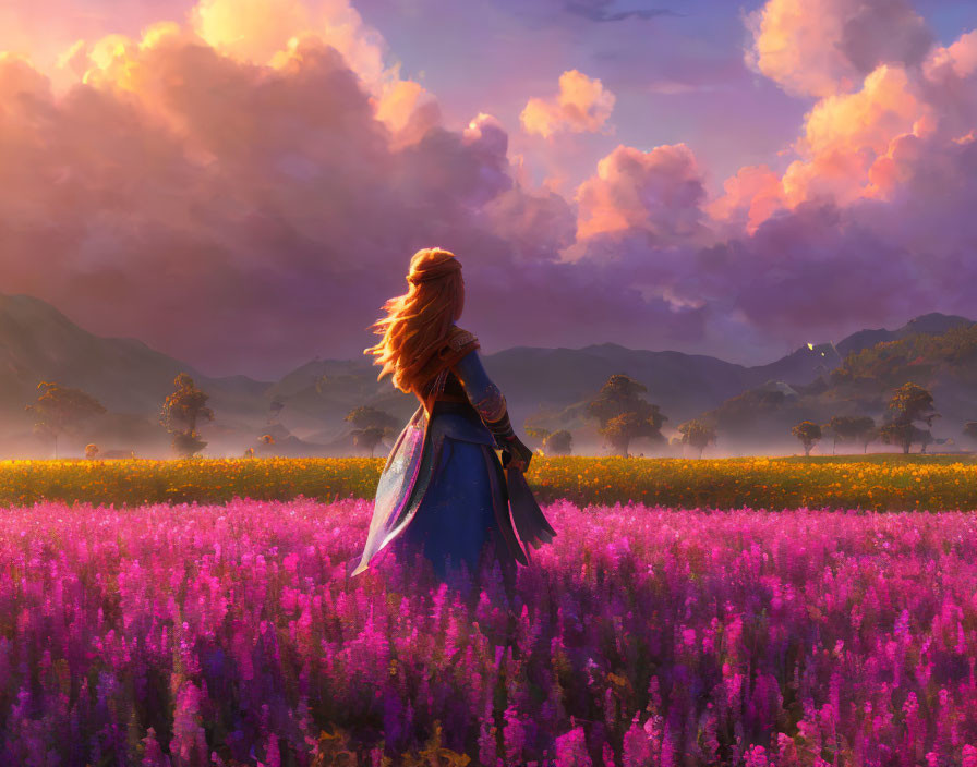 Woman admiring sunset in purple flower field with mountains afar