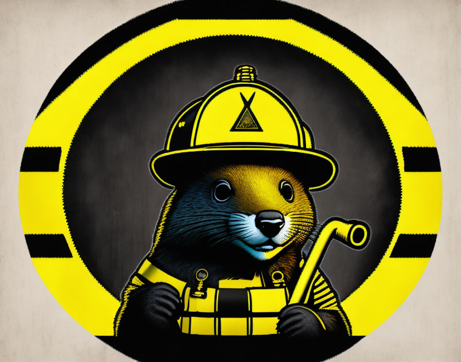 Beaver in Yellow Firefighter Outfit with Hose and Helmet