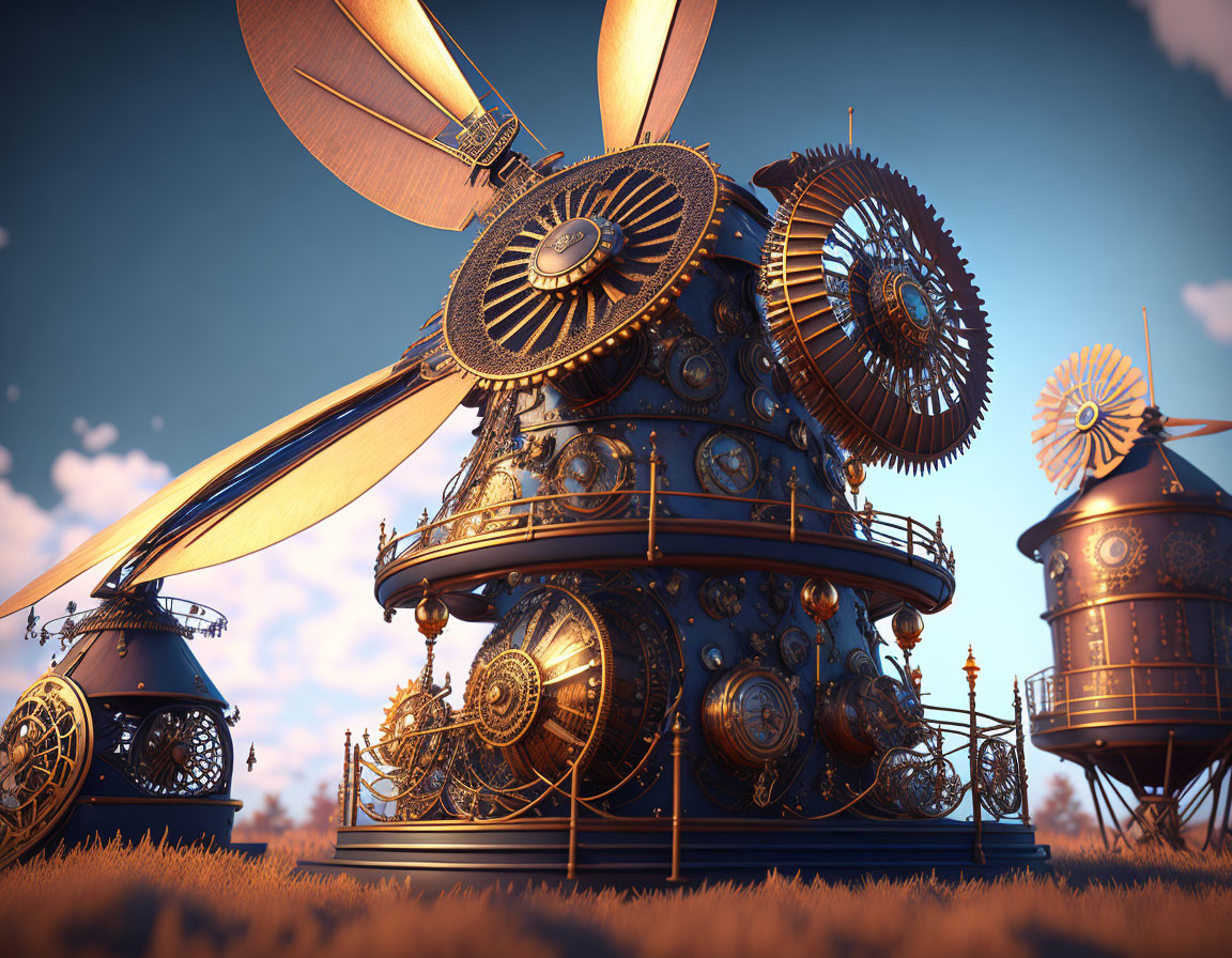 Steampunk-style mechanical structure with gears against orange sky