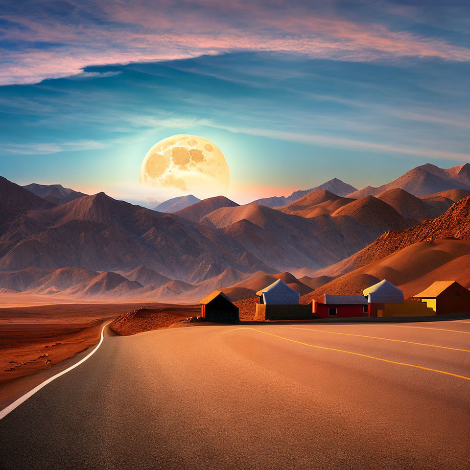 Scenic winding road with small buildings, mountains, and full moon at twilight