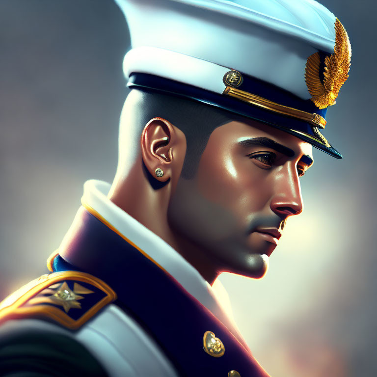 Profile of man in decorated military uniform with hat, strong jawline, focused expression