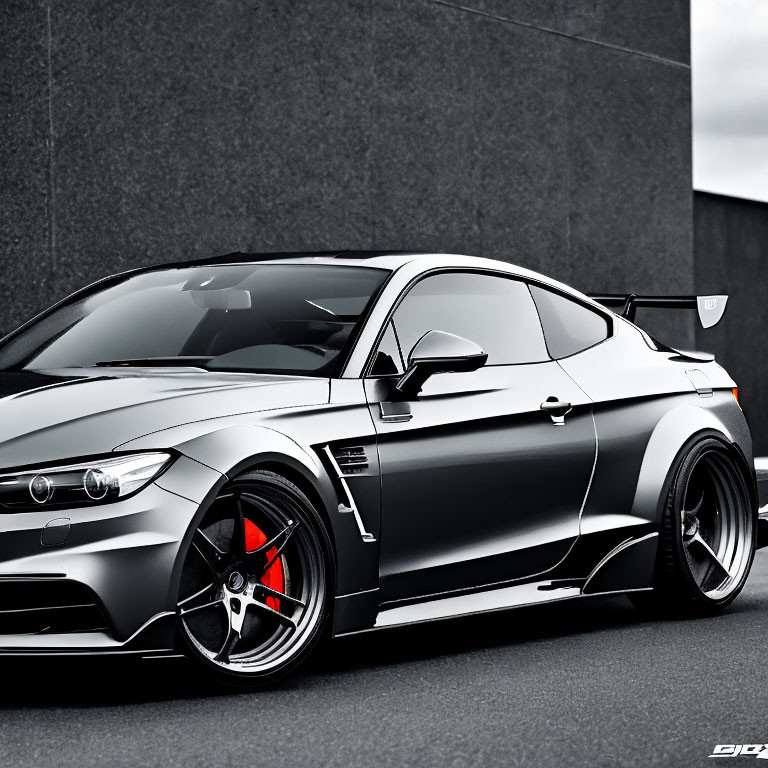 Black Sports Car with Custom Wheels and Tinted Windows Parked by Gray Wall