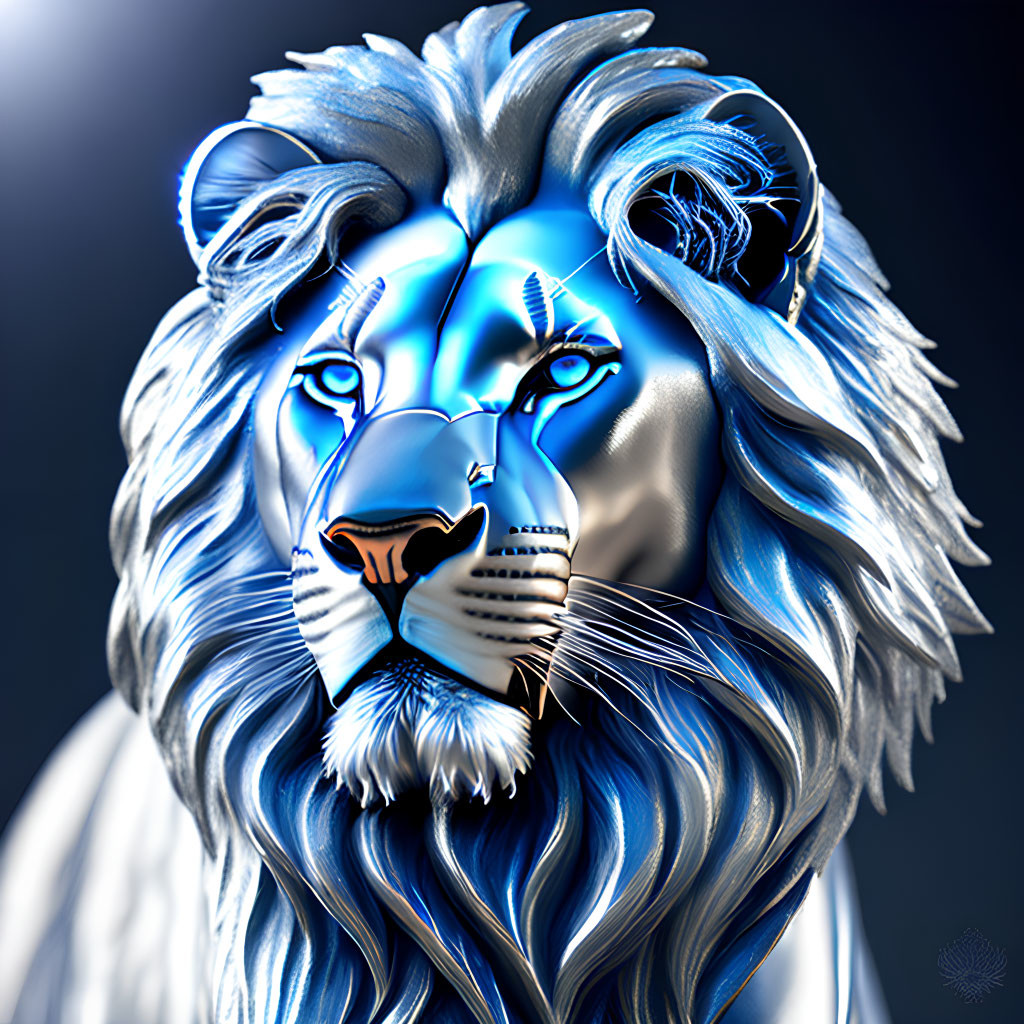 Stylized lion with vivid blue mane and eyes on dark background