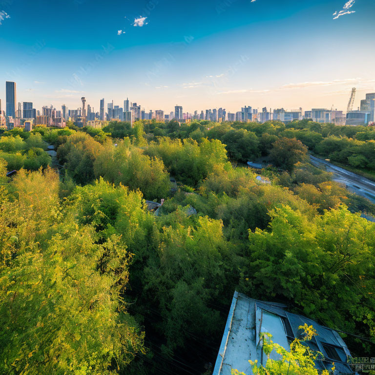 City skyline and green park against sunset sky