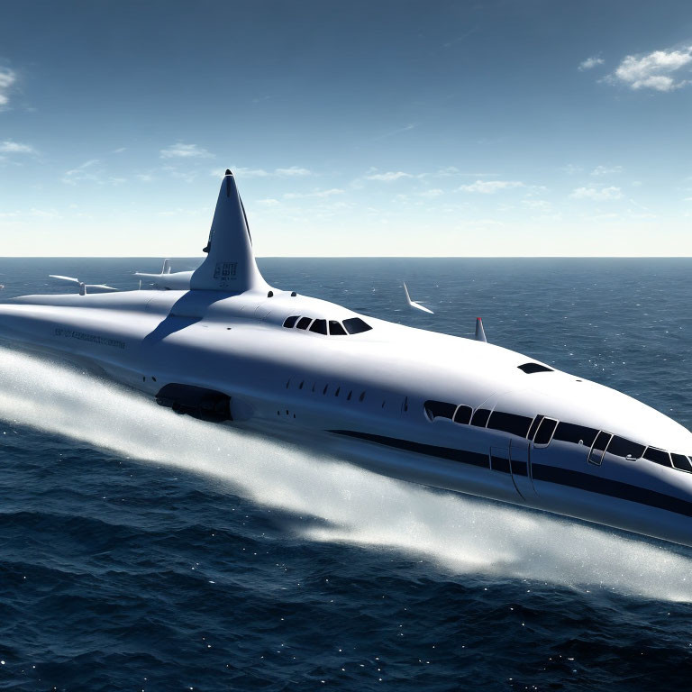 White Futuristic Seaplane Flying over Blue Ocean on Clear Day