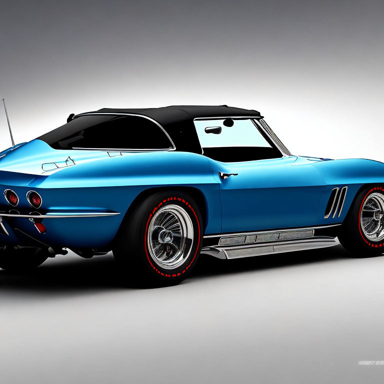 Vintage Blue Corvette with White Side Detailing and Red-Rimmed Tires in Studio Setting