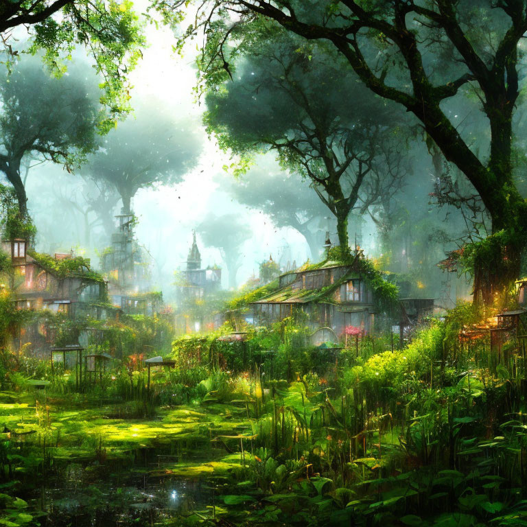 Sunlit enchanted forest with quaint houses, greenery, and water reflections