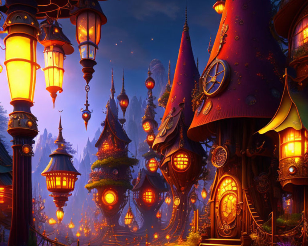 Fantasy forest with mushroom houses, lanterns, and starry sky