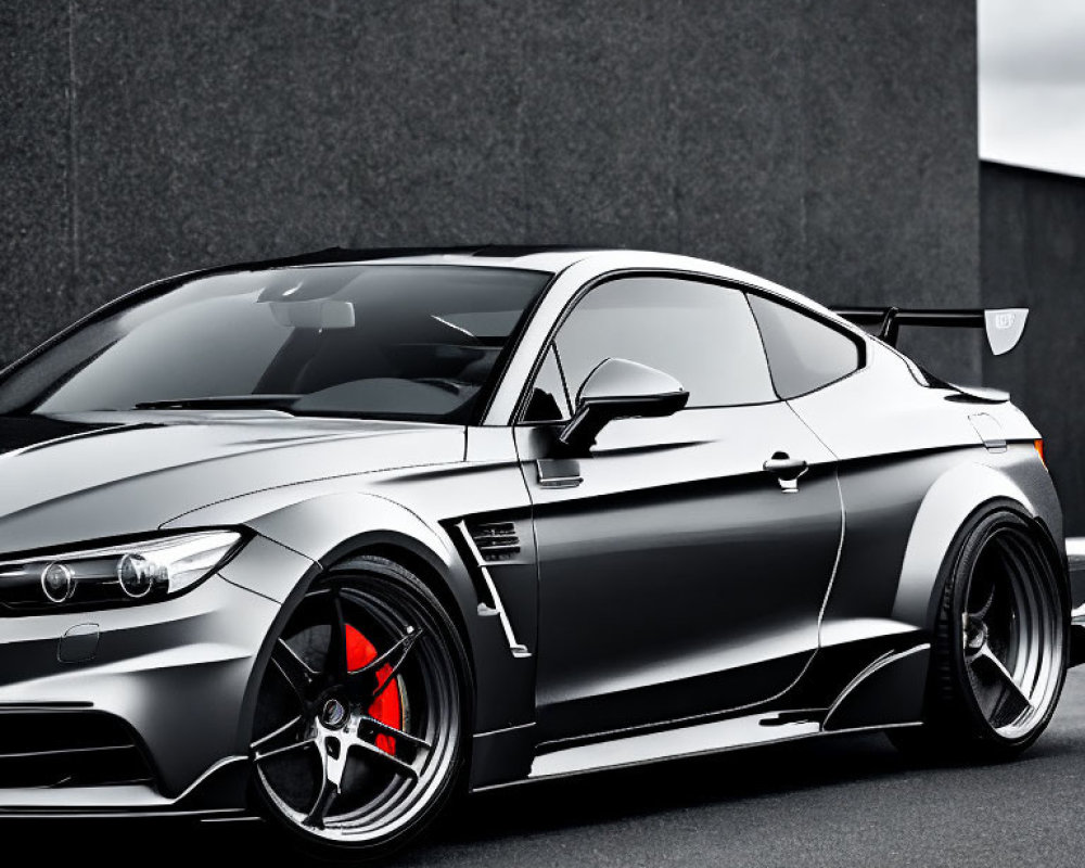 Black Sports Car with Custom Wheels and Tinted Windows Parked by Gray Wall