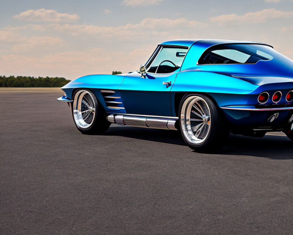 Blue Classic Corvette with Chrome Rims on Empty Asphalt under Clear Sky