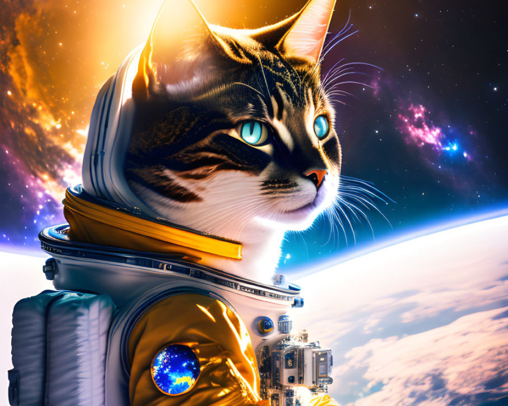 Cat in astronaut suit against Earth horizon and galaxy