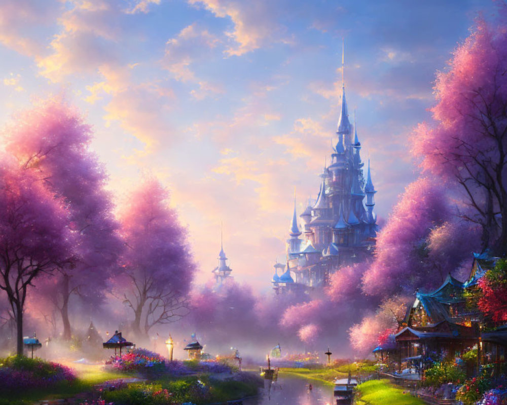 Fantasy castle with pink trees and glowing sky by serene river