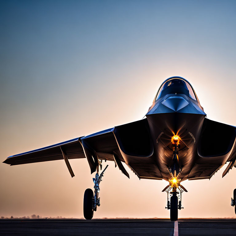 Military fighter jet silhouette at dusk with glowing engine exhaust