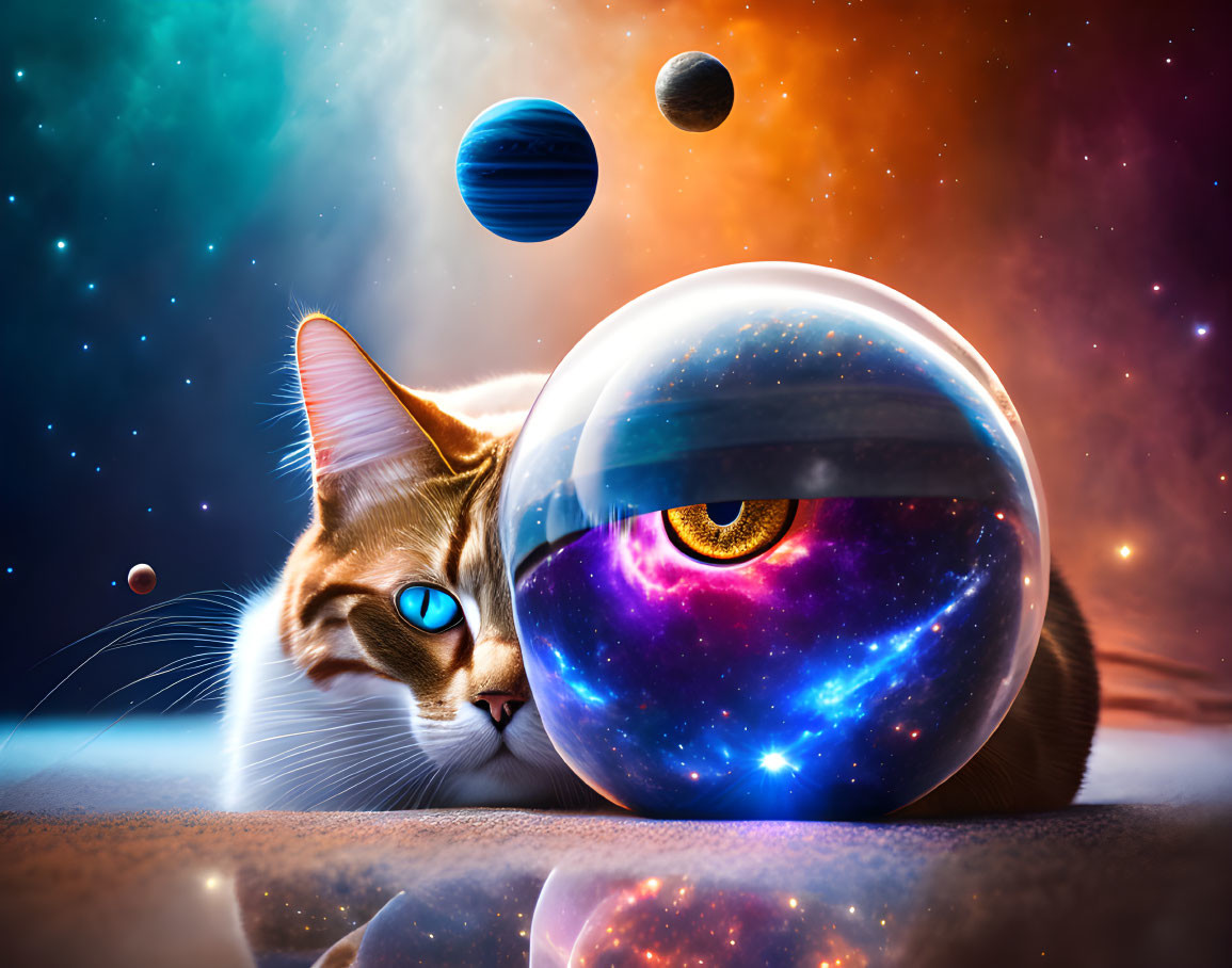 Blue-eyed cat next to galaxy-patterned sphere on cosmic background