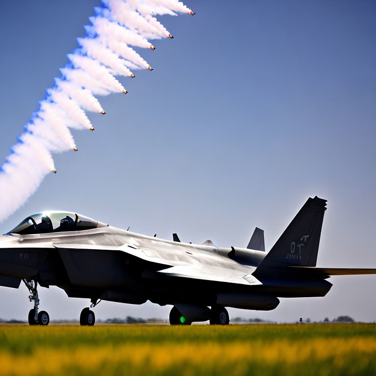 Fighter jet releasing flares on runway under clear blue sky