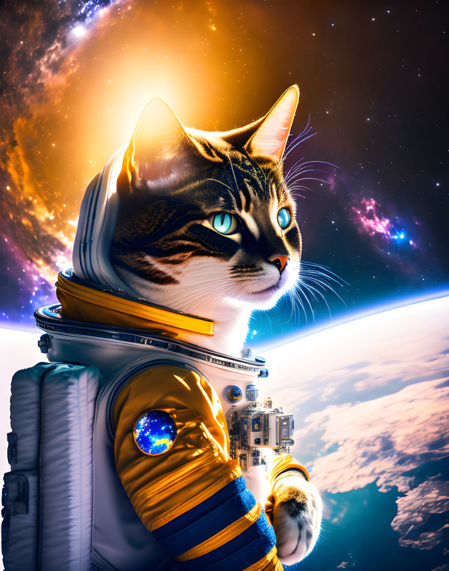 Cat in astronaut suit against Earth horizon and galaxy