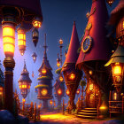 Fantasy forest with mushroom houses, lanterns, and starry sky