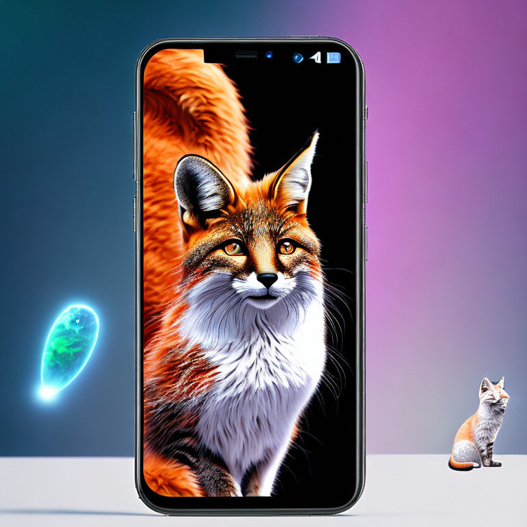 Vivid Fox Illustration with Microscopic Organism on Smartphone