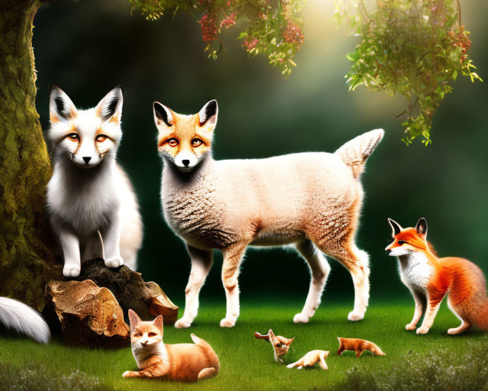 Hybrid Foxes and Sheep in Surreal Natural Setting