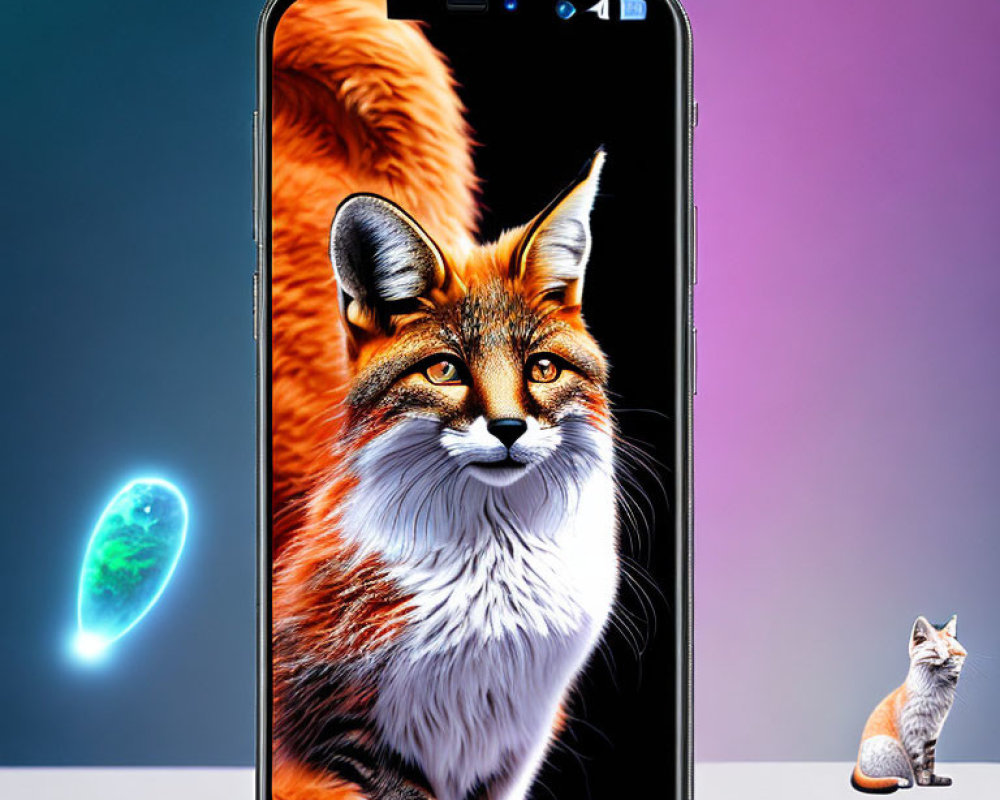 Vivid Fox Illustration with Microscopic Organism on Smartphone