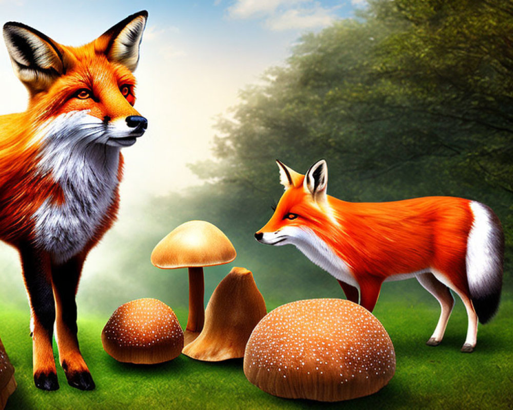 Realistic foxes in vibrant forest with large mushrooms under sunlit sky